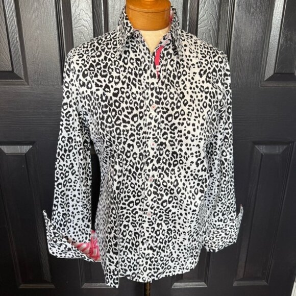 Tizzie Tops - Tizzie Black and White Cheetah Print Pattern Blouse with Contrasting Fabric S